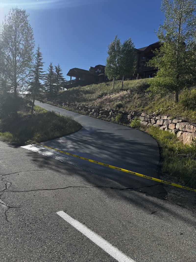 A new asphalt apron curving up from the road at a hillside home